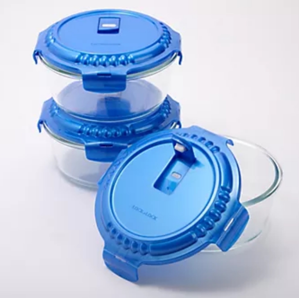 Lock & Lock 3pc 4cup Vented Round Glass Storage Containers Red - Picture 5 of 7